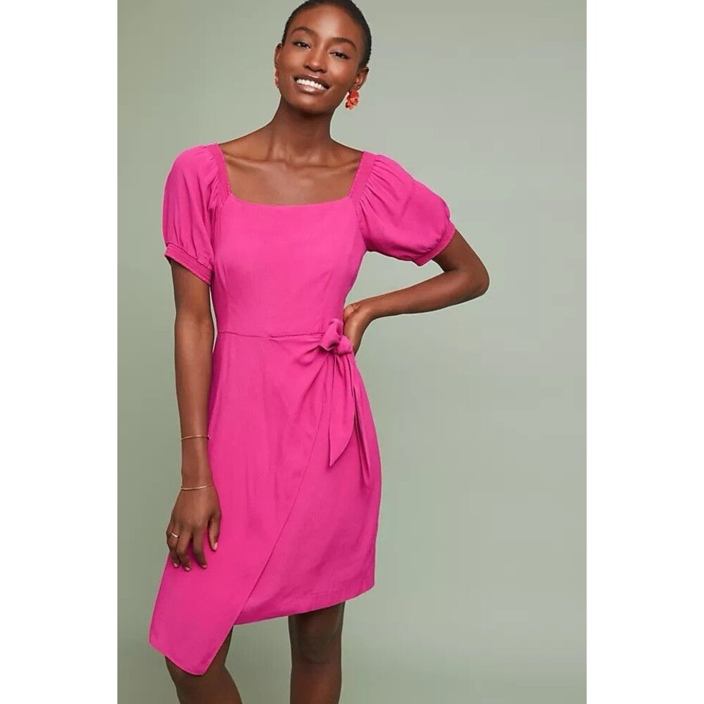 ANTHROPOLOGIE MAEVE Pink Faux Wrap Dress Sz 4P Bright Preppy Barbie Puff Sleeve